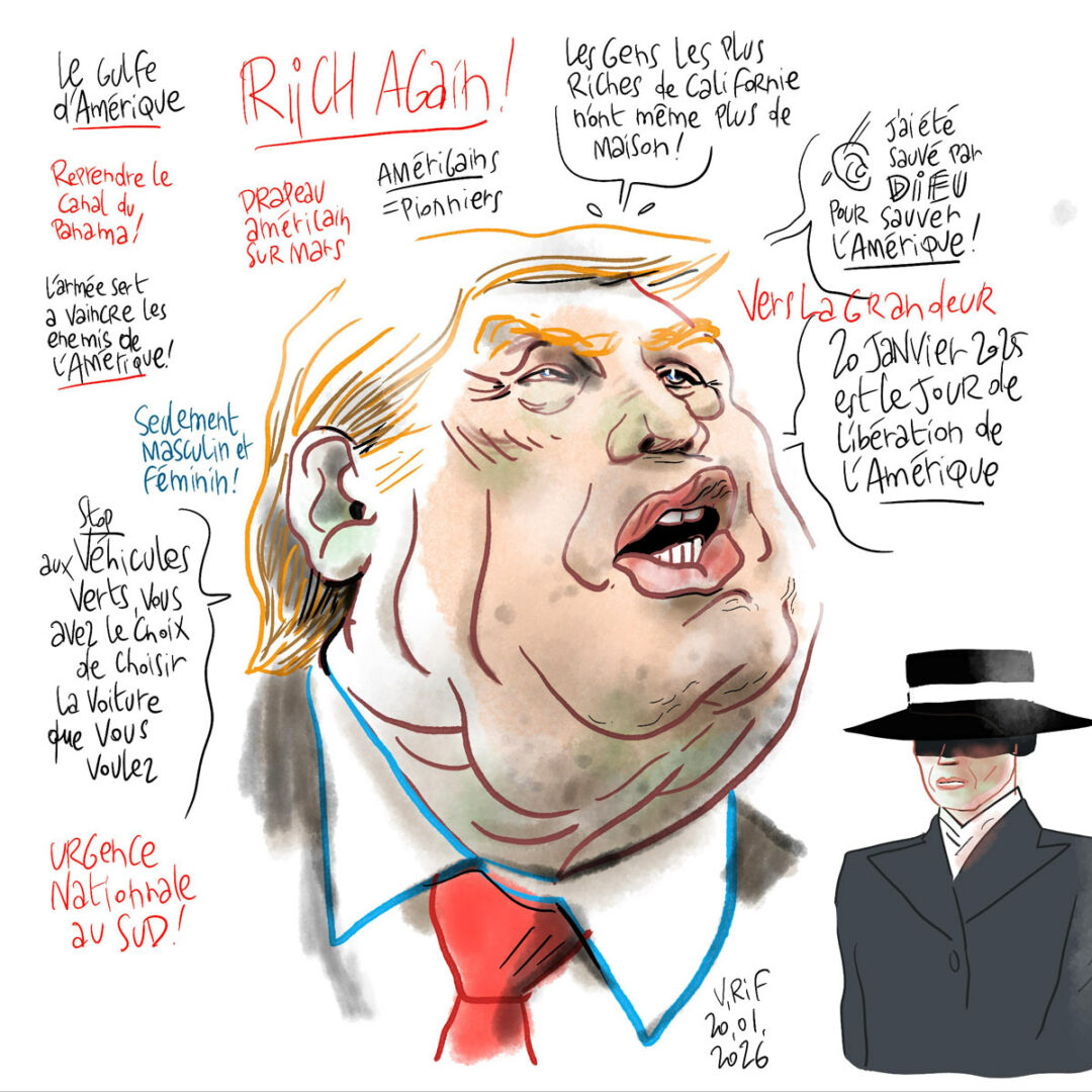 Portrait de Donald Trump, lors de son investiture le 20 janvier 2825, par Vincent Rif, facilitateur graphique et illustrateur